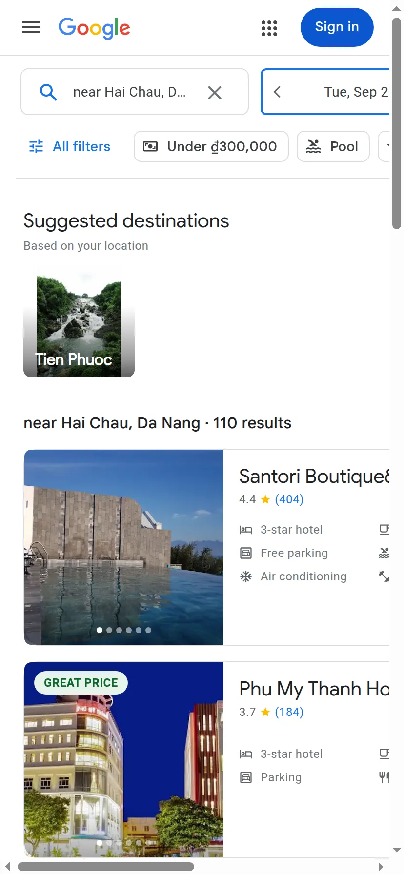 Google Hotels' search interface rendered on a 414px-wide mobile viewport