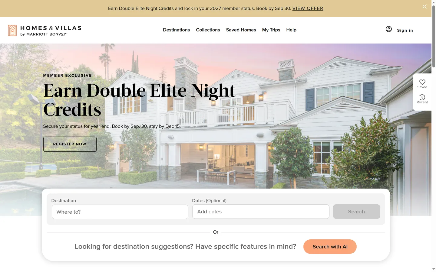 The Homes & Villas by Marriott Bonvoy landing page showing curated rental properties