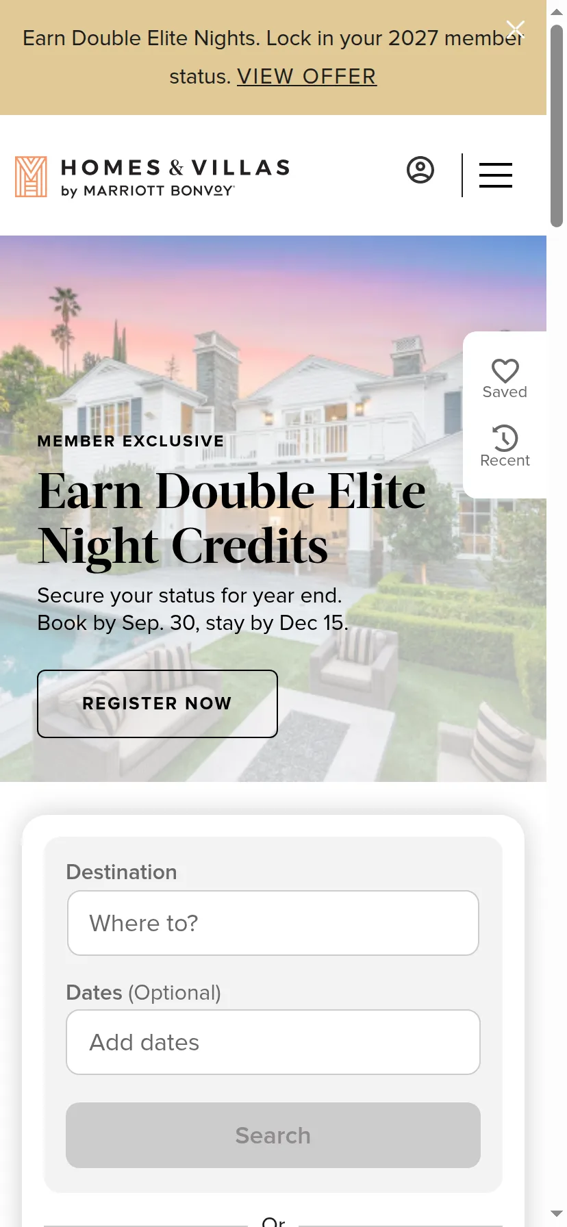 Homes & Villas by Marriott Bonvoy's landing page rendered on a 414px-wide mobile viewport