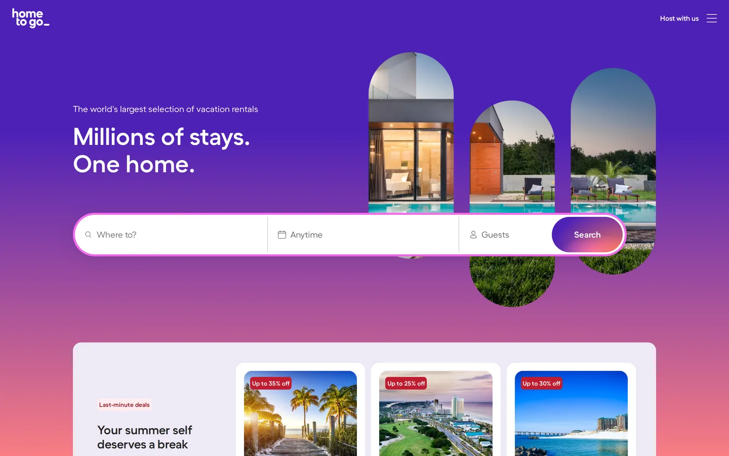 HomeToGo's landing page with the holiday rental search form