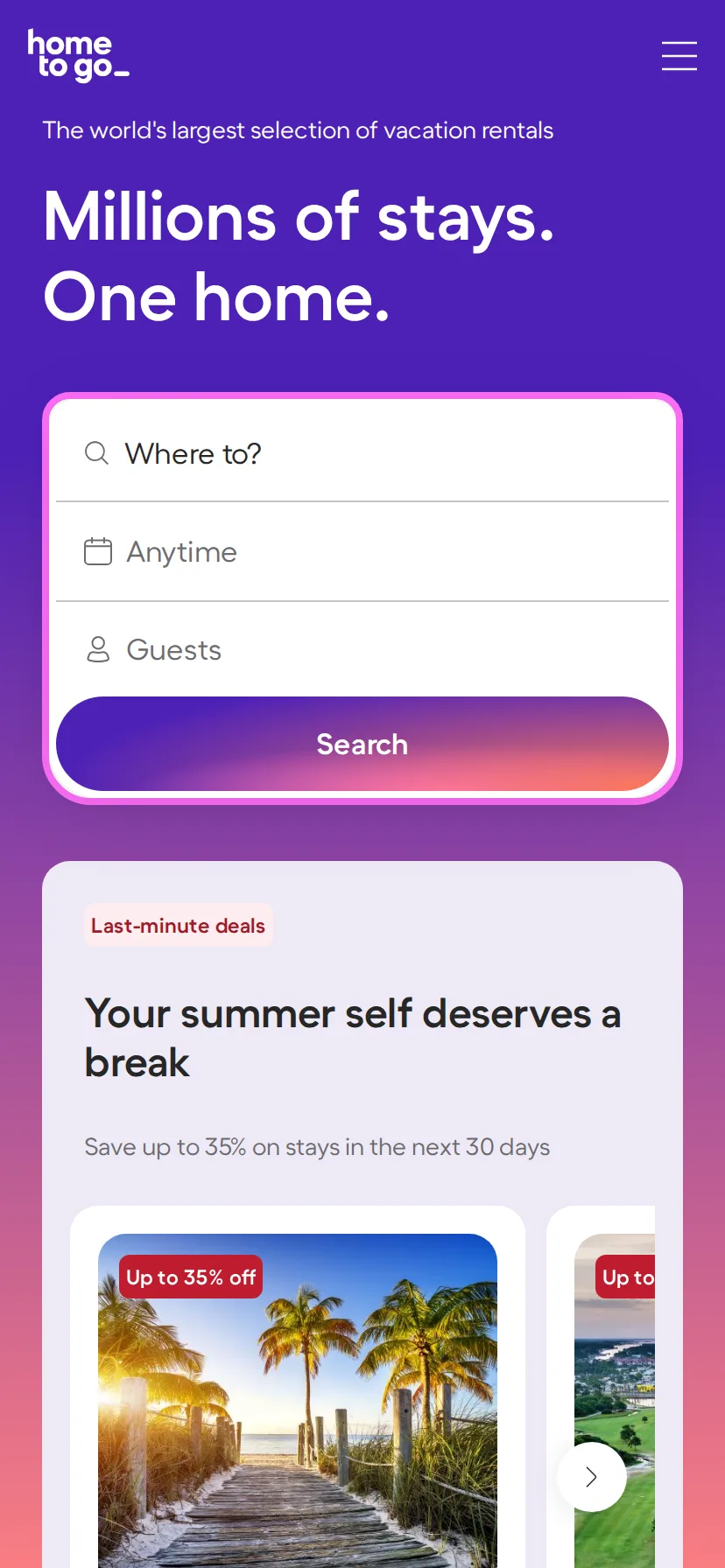 HomeToGo's landing page rendered on a 414px-wide mobile viewport