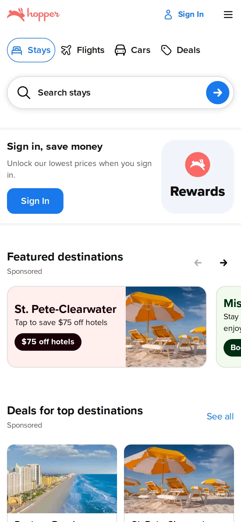 Hopper's landing page rendered on a 414px-wide mobile viewport