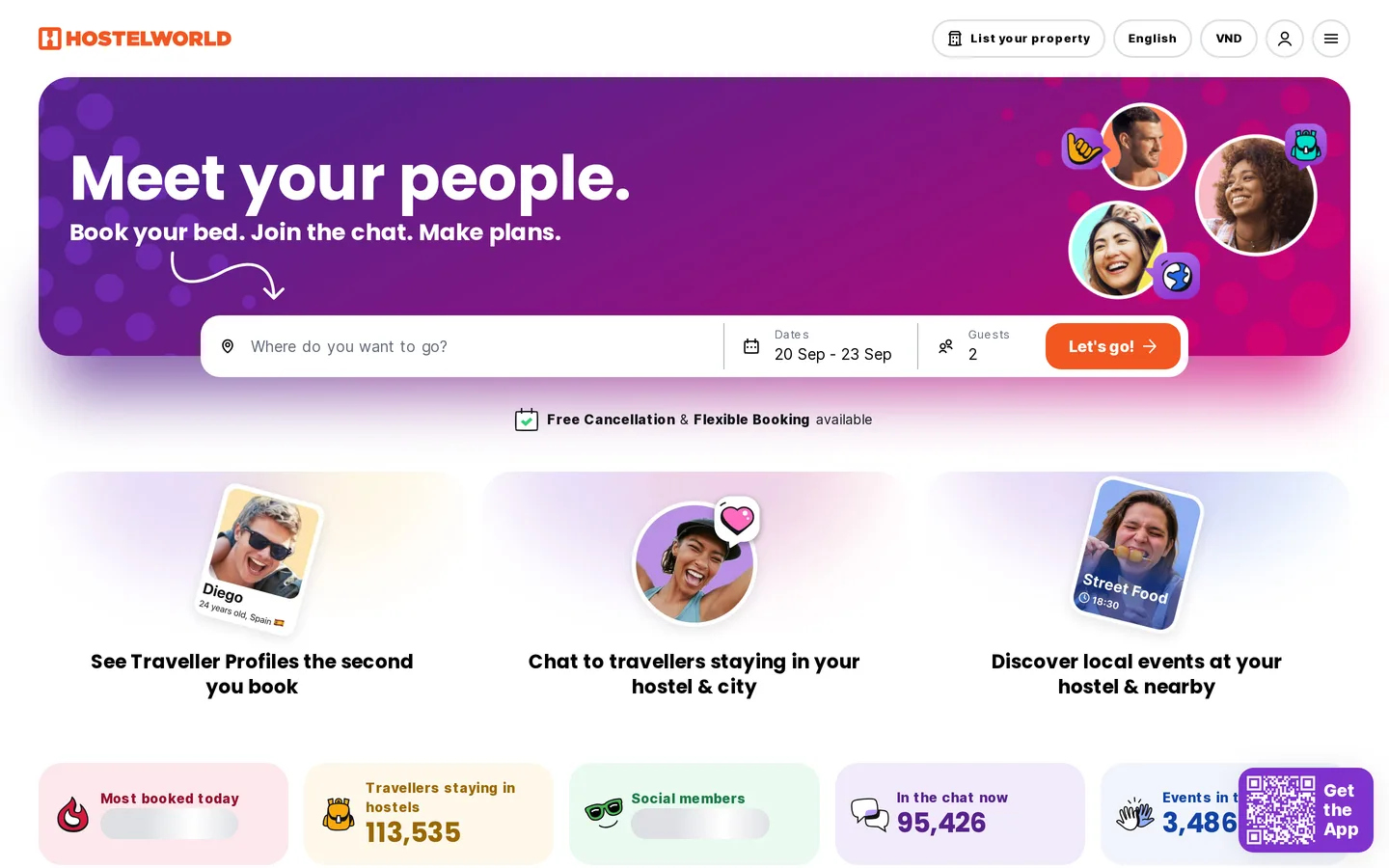 Hostelworld's landing page with its Meet your people message and destination search