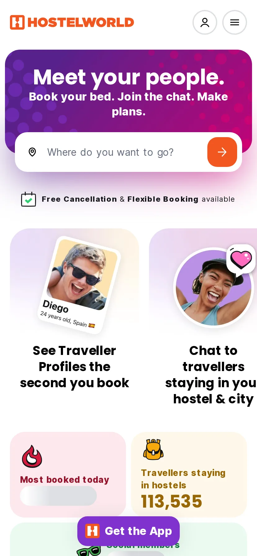 Hostelworld's landing page rendered on a 414px-wide mobile viewport