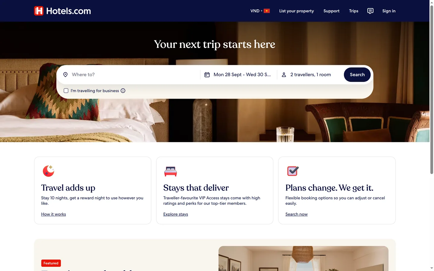 The Hotels.com landing page with its stay search form