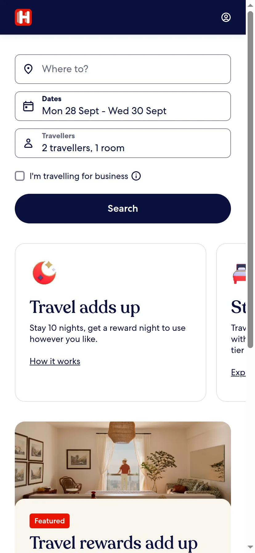 Hotels.com's landing page rendered on a 414px-wide mobile viewport