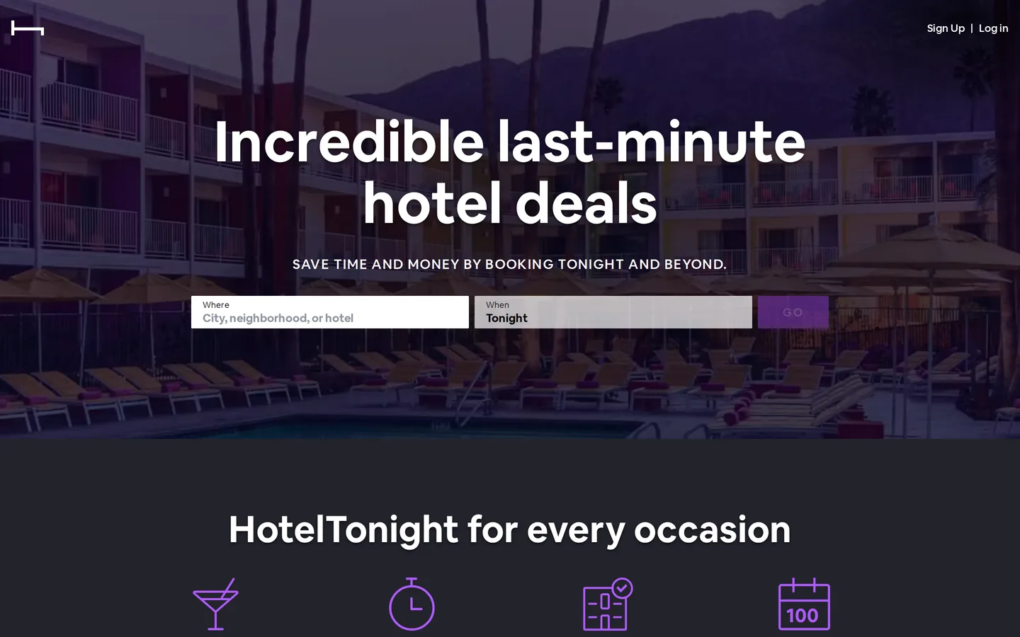 The HotelTonight landing page showing its same-day booking pitch