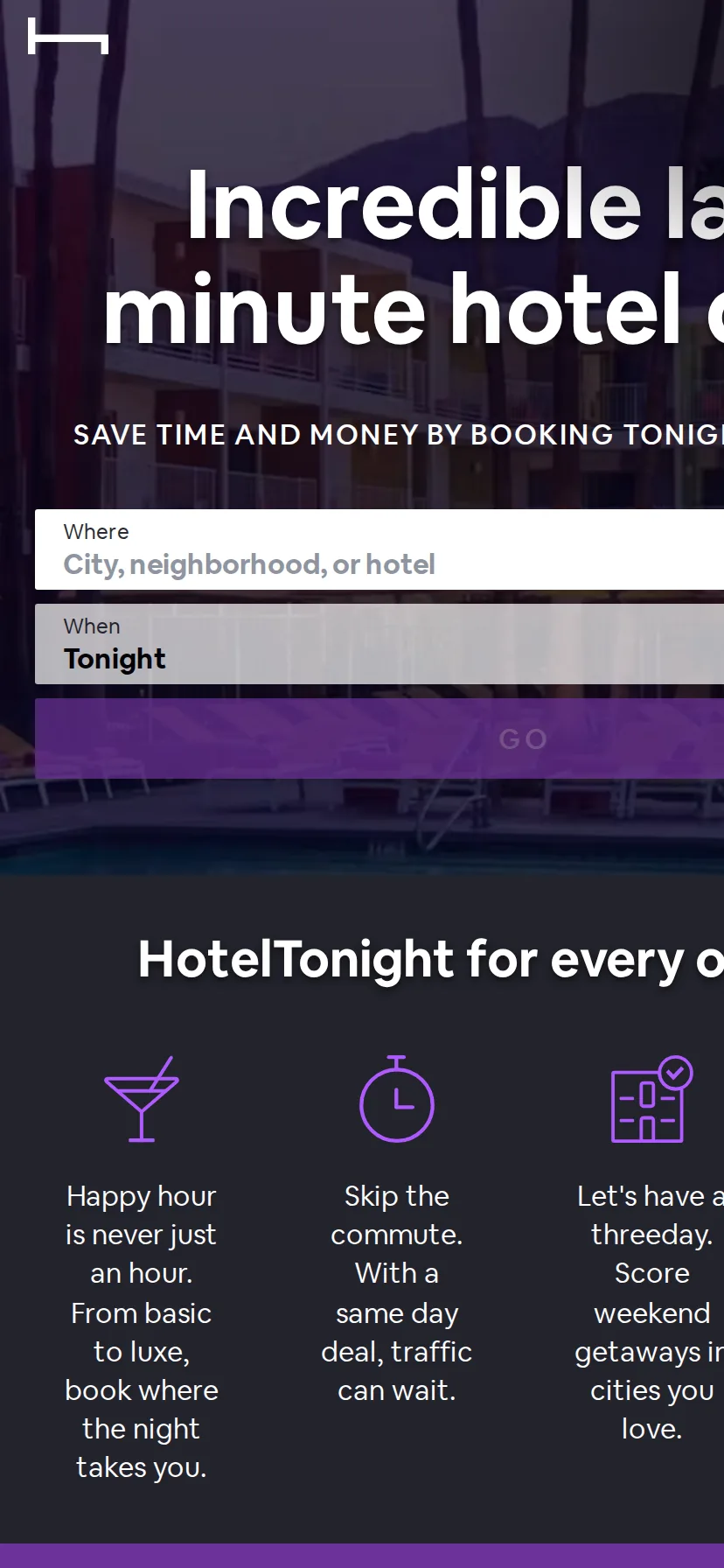 HotelTonight's landing page rendered on a 414px-wide mobile viewport