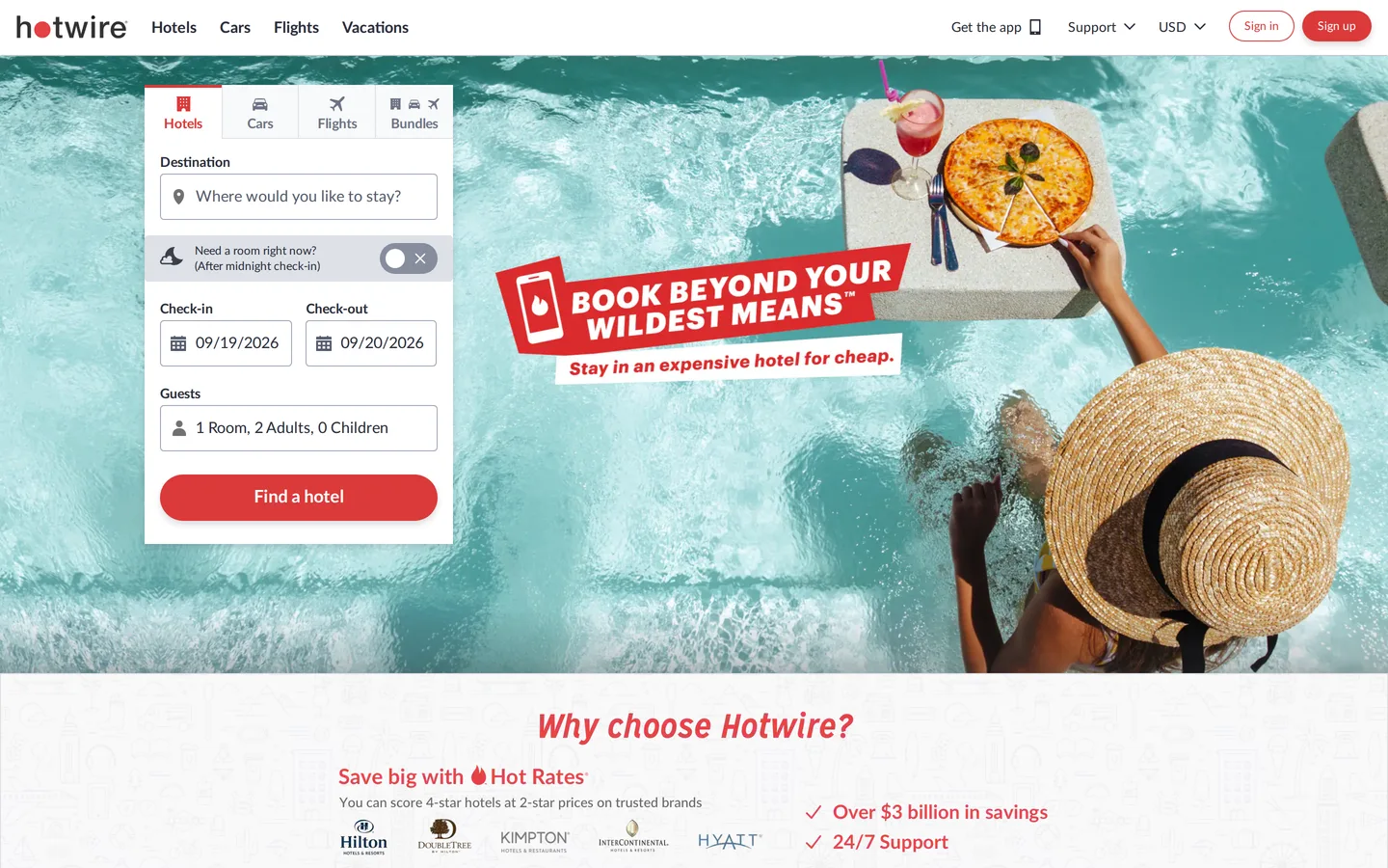 The Hotwire landing page with its Hot Rate search form