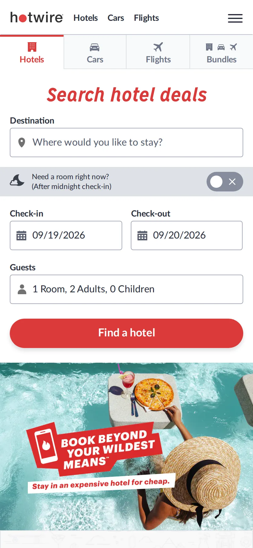 Hotwire's landing page rendered on a 414px-wide mobile viewport