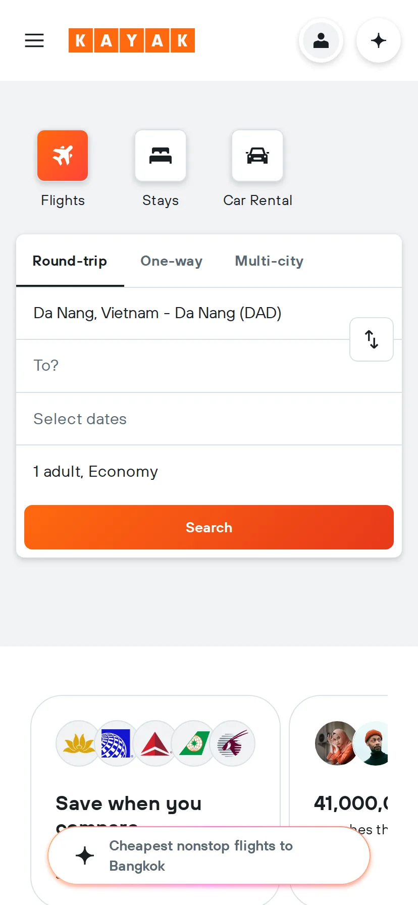 KAYAK's landing page rendered on a 414px-wide mobile viewport