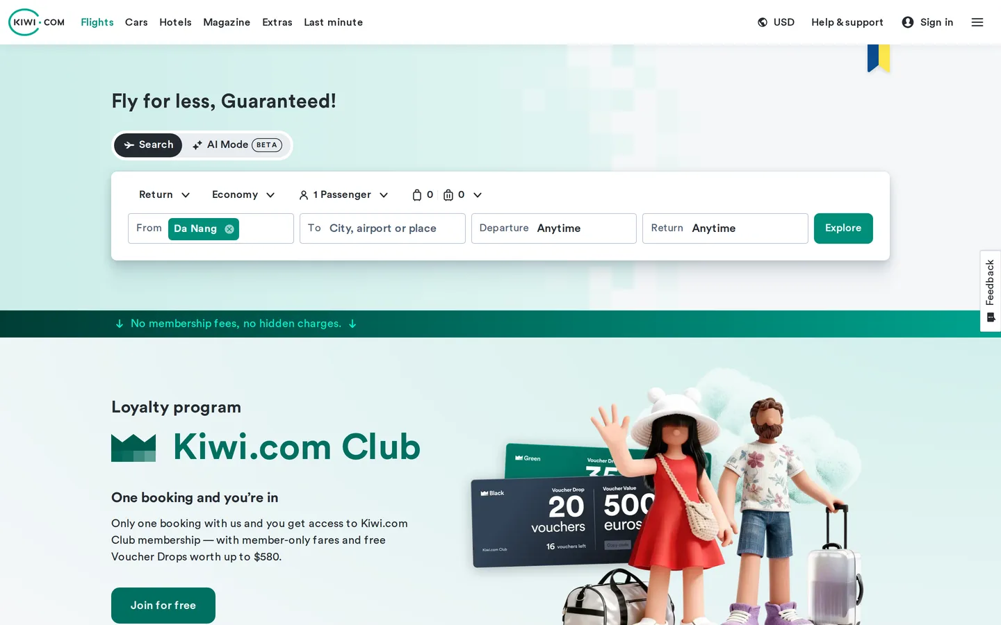The Kiwi.com landing page with its flight search form