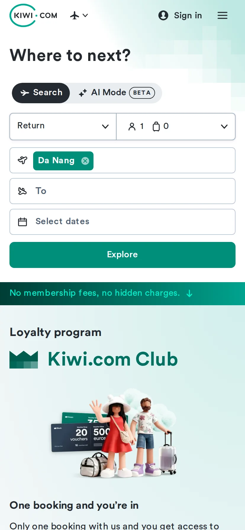 Kiwi.com's landing page rendered on a 414px-wide mobile viewport