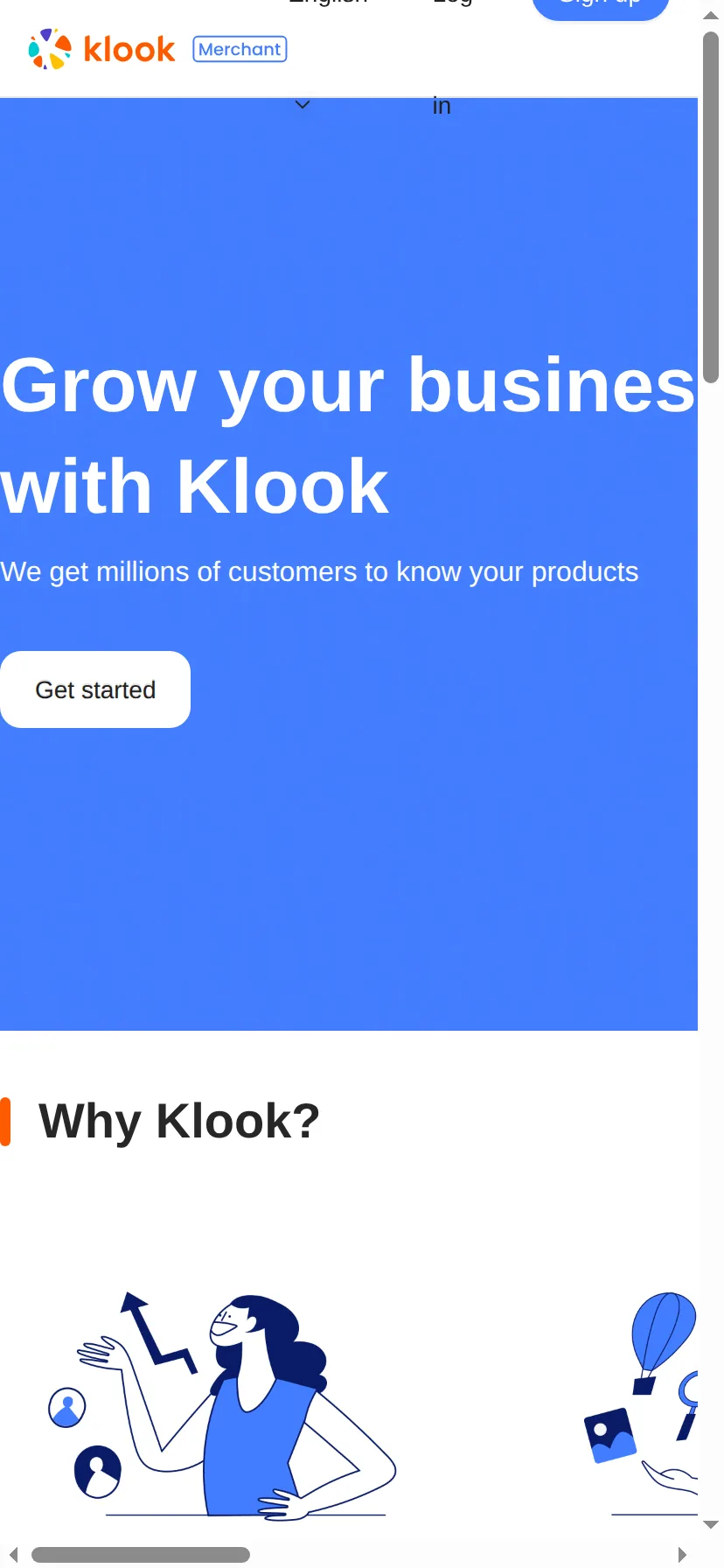 Klook's merchant portal at merchant.klook.com rendered on a 414px-wide mobile viewport