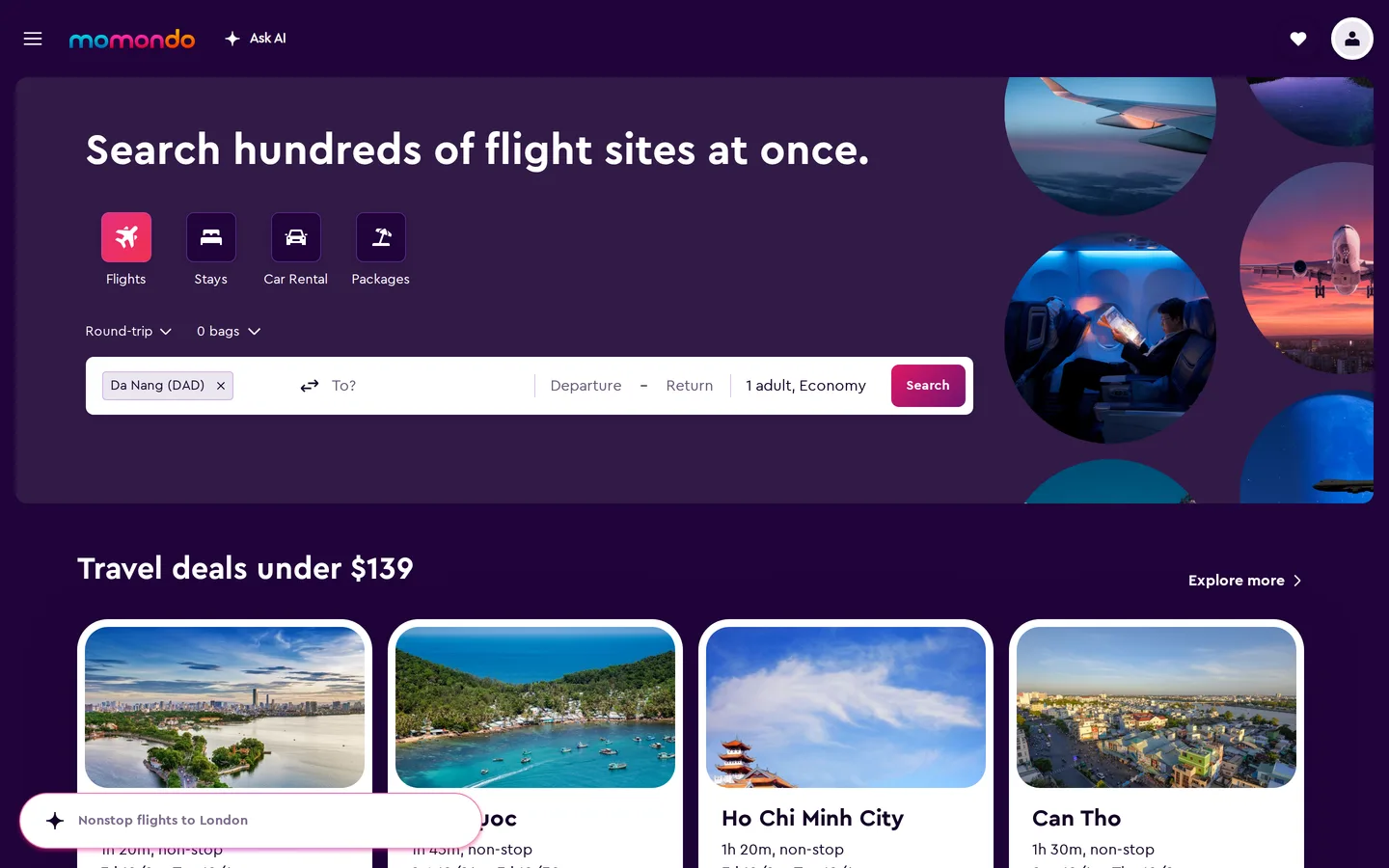momondo's landing page with its flight search form