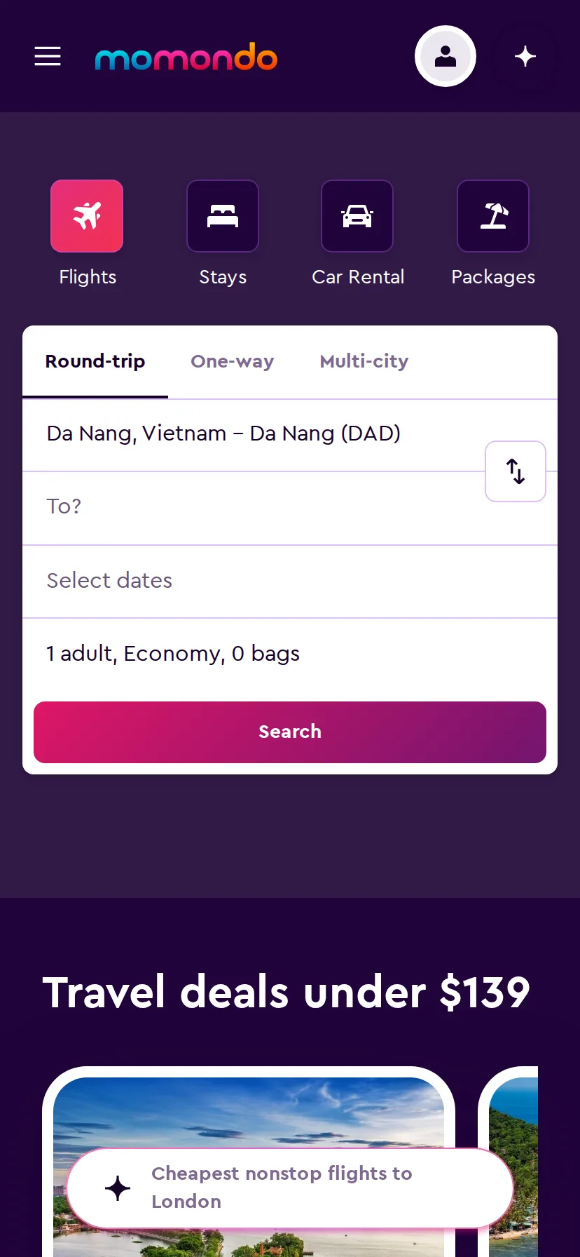 momondo's landing page rendered on a 414px-wide mobile viewport