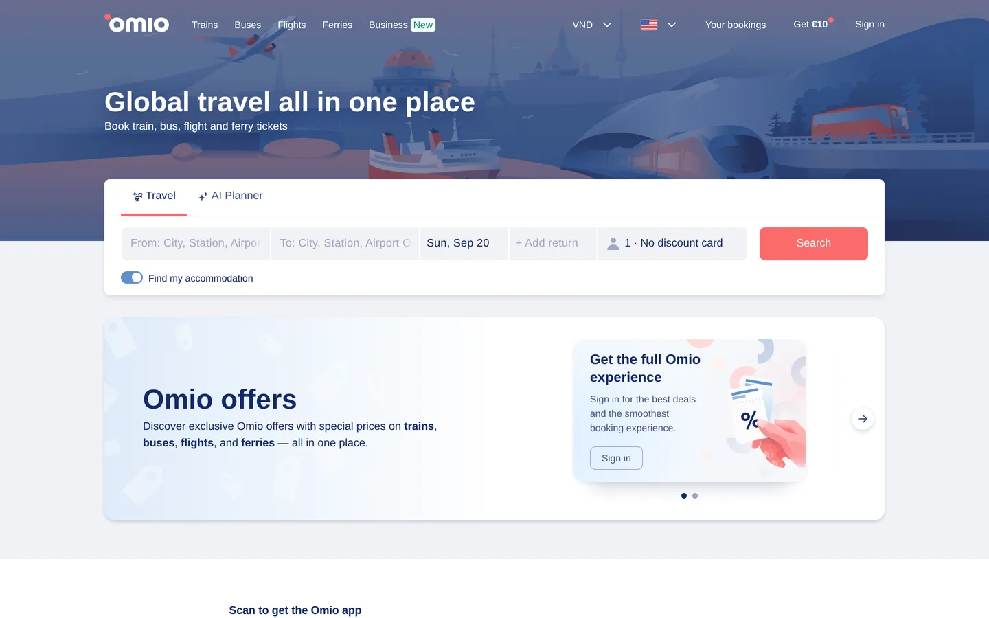 The Omio landing page with the train, bus and flight search form
