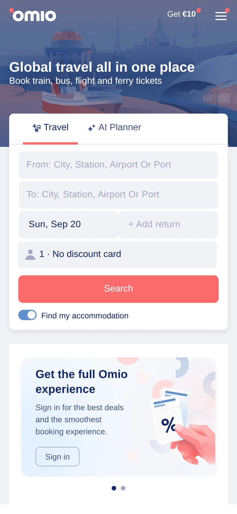 Omio's landing page rendered on a 414px-wide mobile viewport