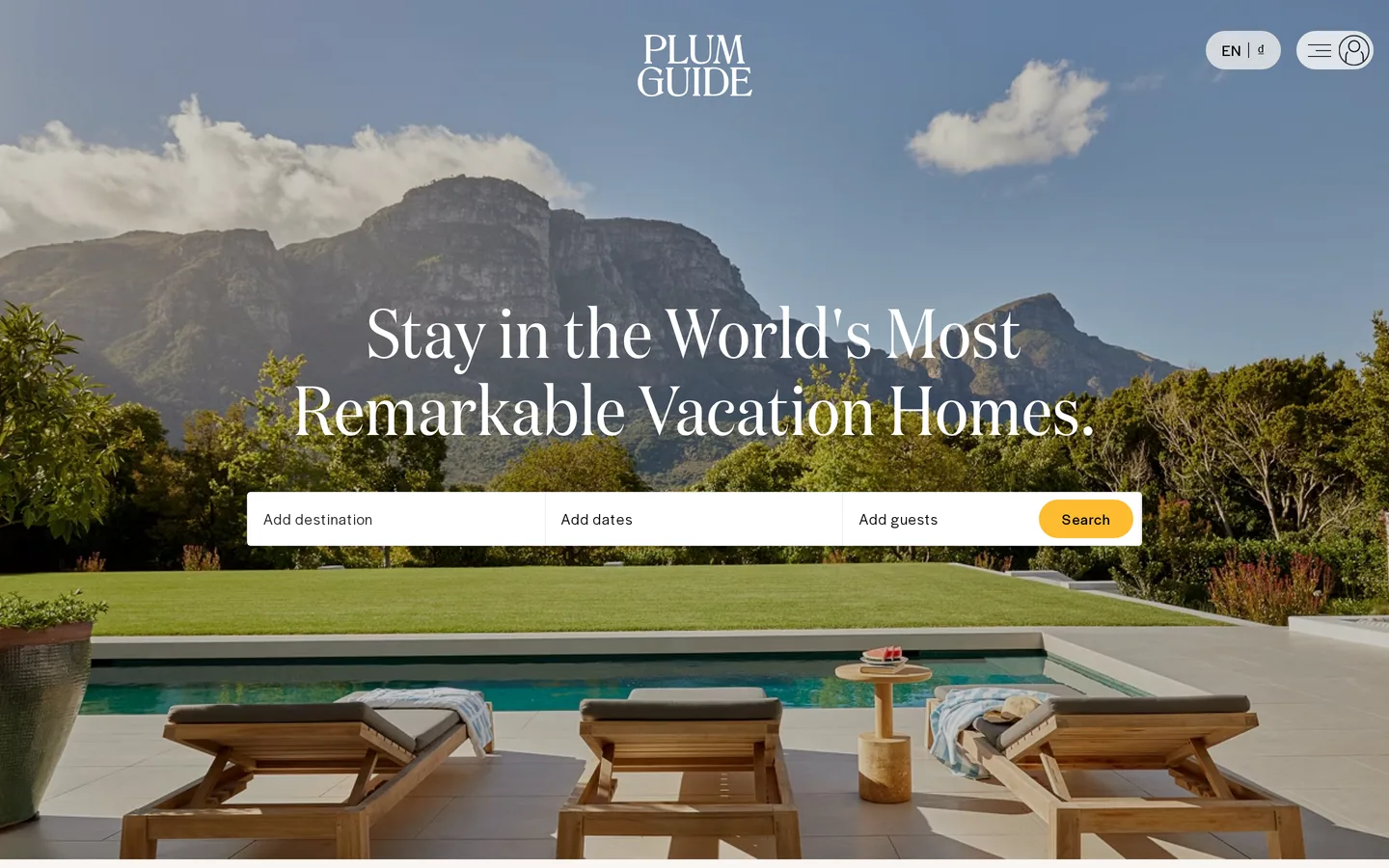Plum Guide's landing page showing curated home listings