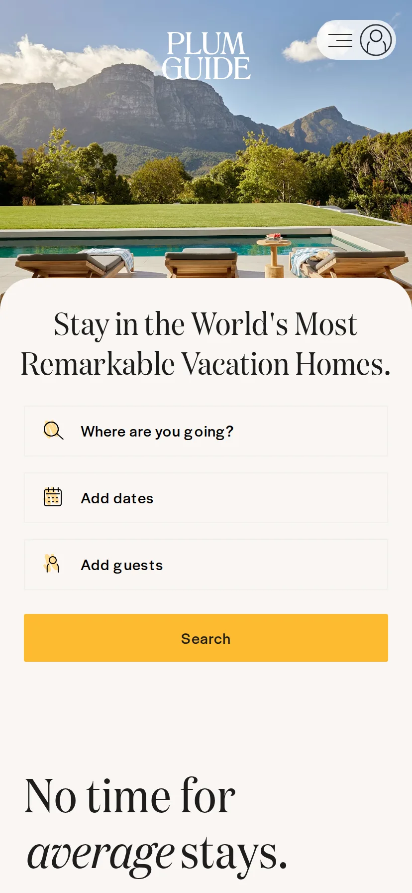 Plum Guide's landing page rendered on a 414px-wide mobile viewport