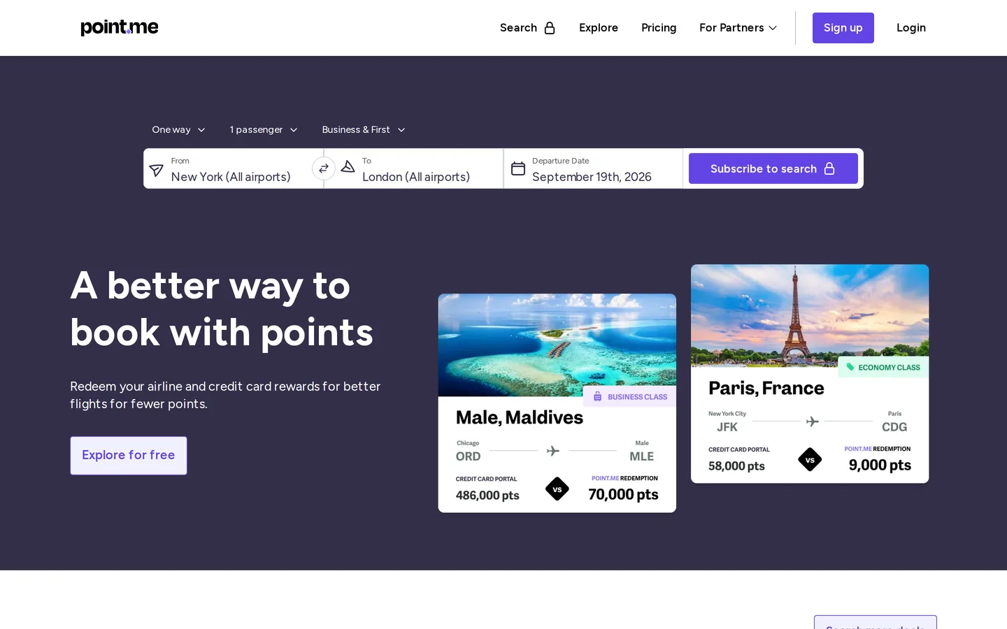 The point.me landing page describing its award flight search service