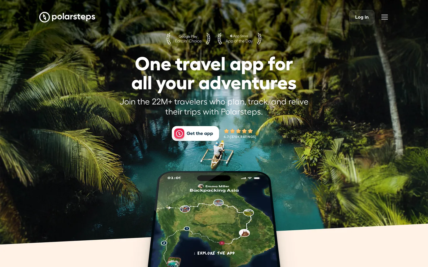The Polarsteps landing page showing a tracked travel route on a map
