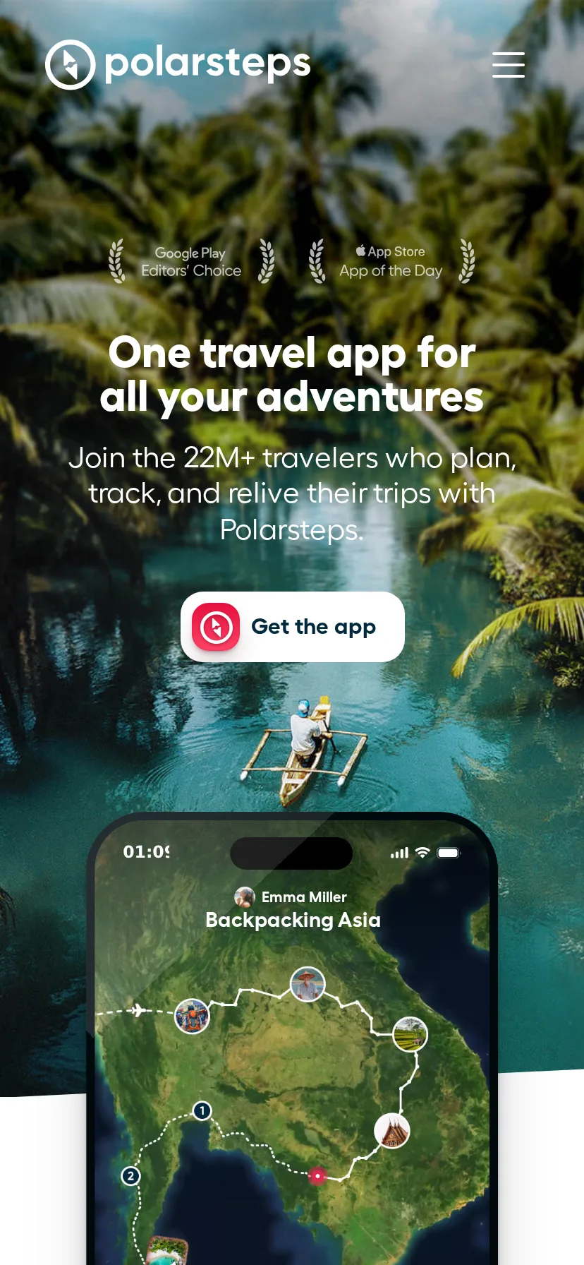 Polarsteps's landing page rendered on a 414px-wide mobile viewport