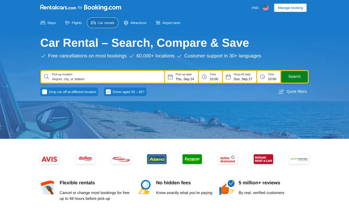 The Rentalcars.com landing page with the car hire search form