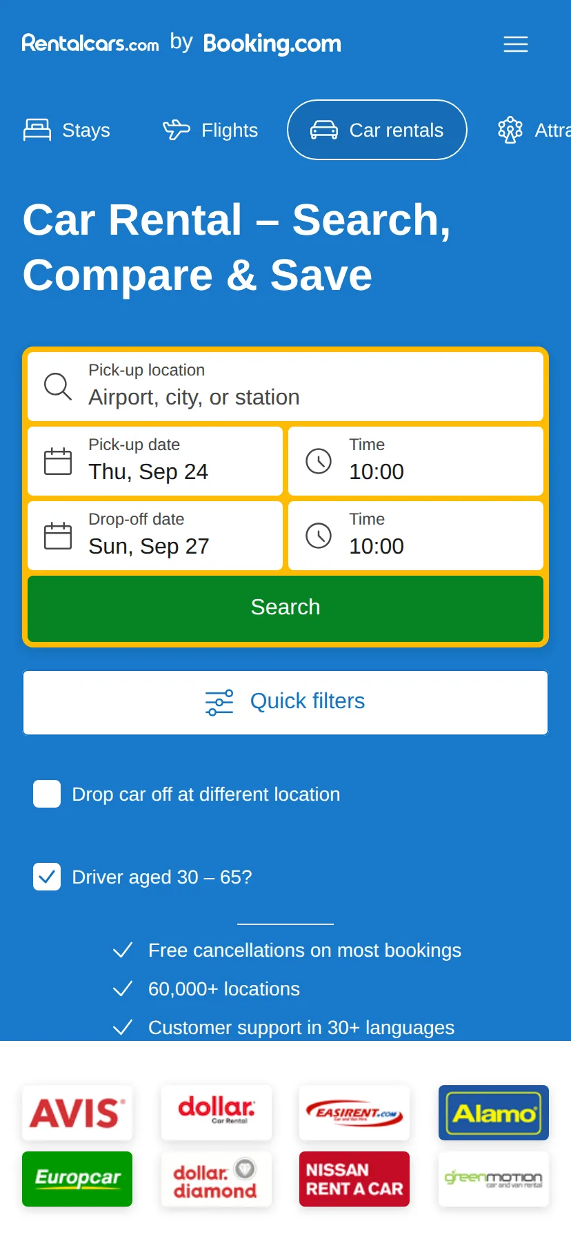 Rentalcars.com's landing page rendered on a 414px-wide mobile viewport