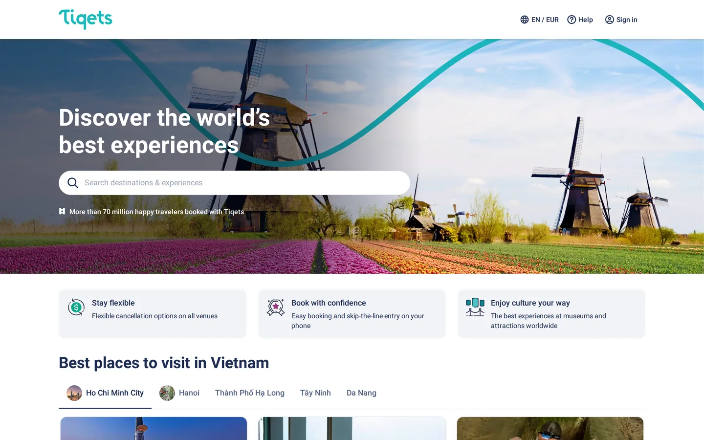The Tiqets landing page showing museum and attraction tickets