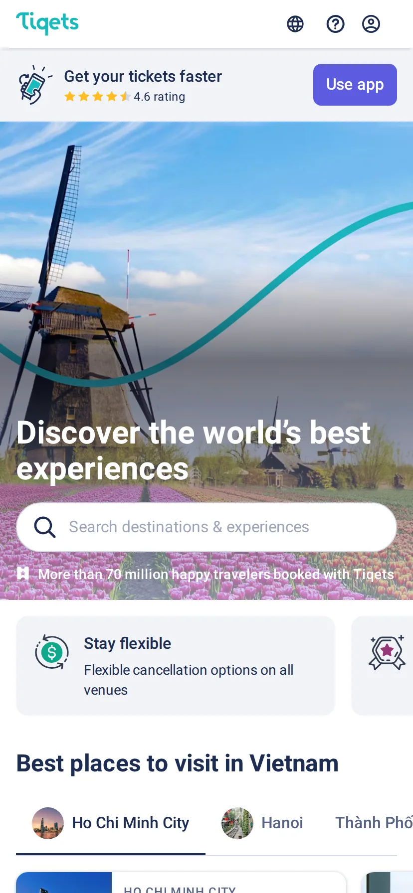 Tiqets's landing page rendered on a 414px-wide mobile viewport
