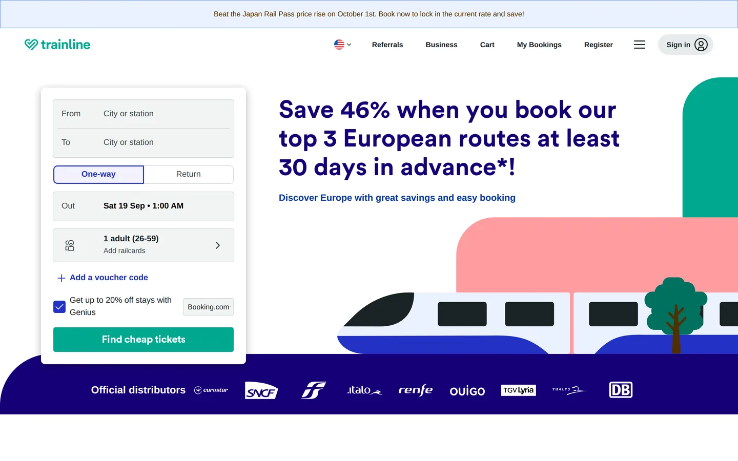 The Trainline landing page with the train and coach ticket search