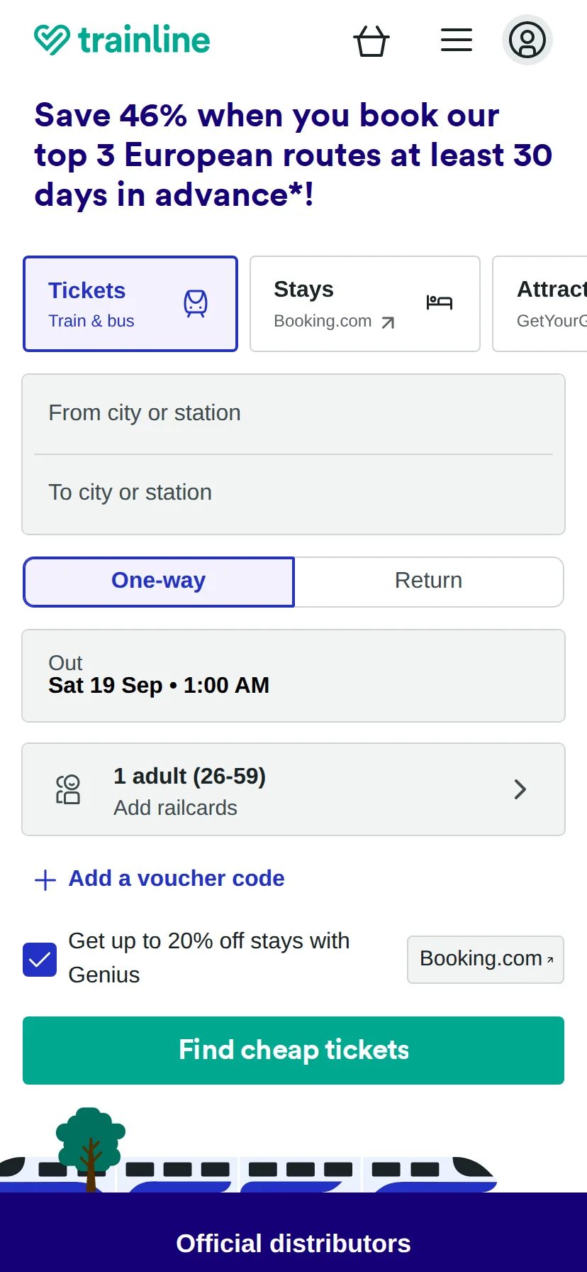 Trainline's landing page rendered on a 414px-wide mobile viewport