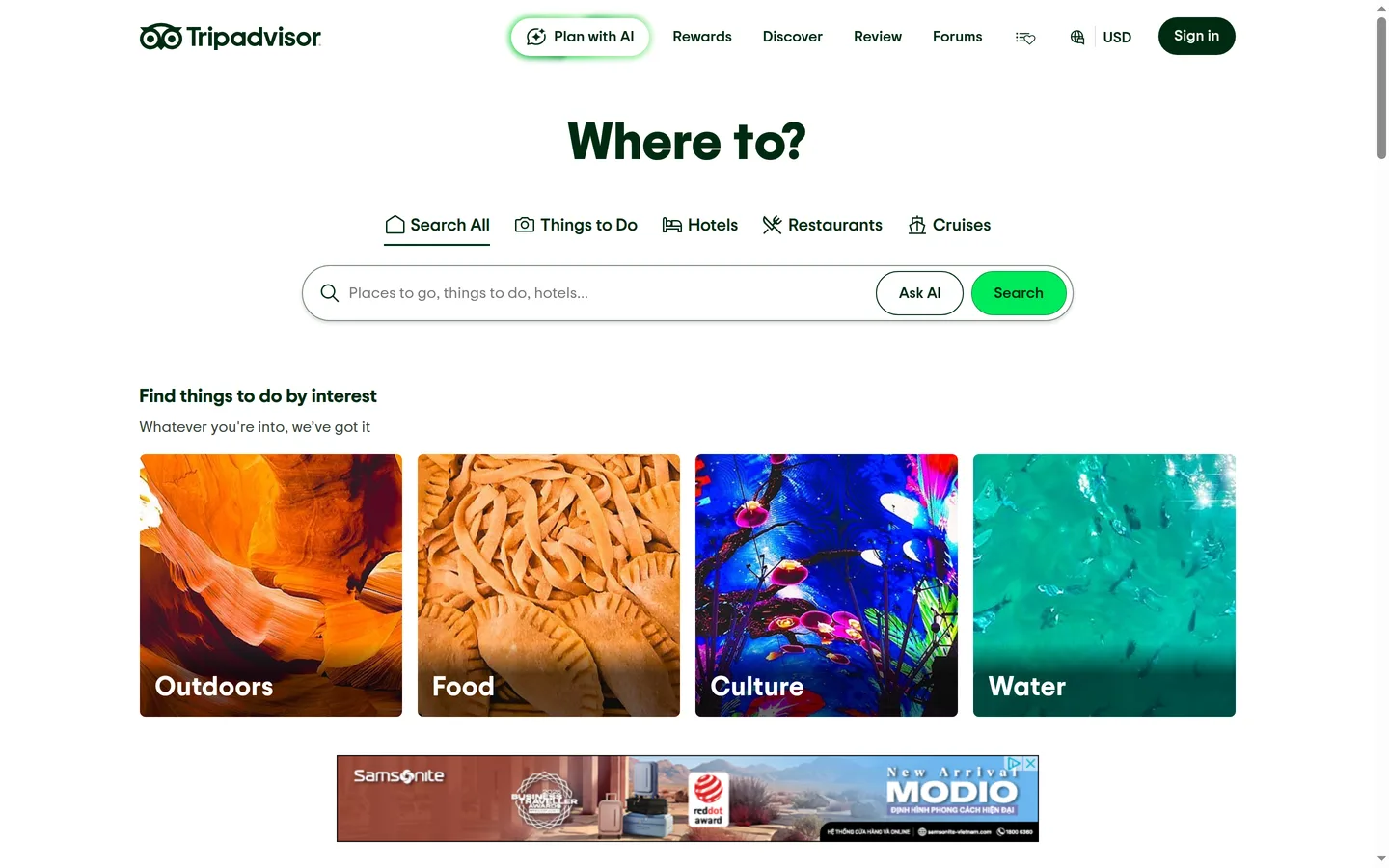 The Tripadvisor landing page with its search bar and category navigation