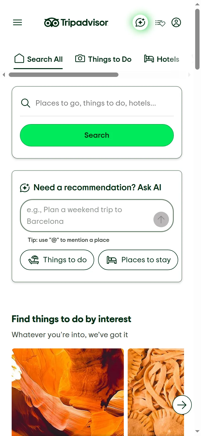 Tripadvisor's landing page rendered on a 414px-wide mobile viewport