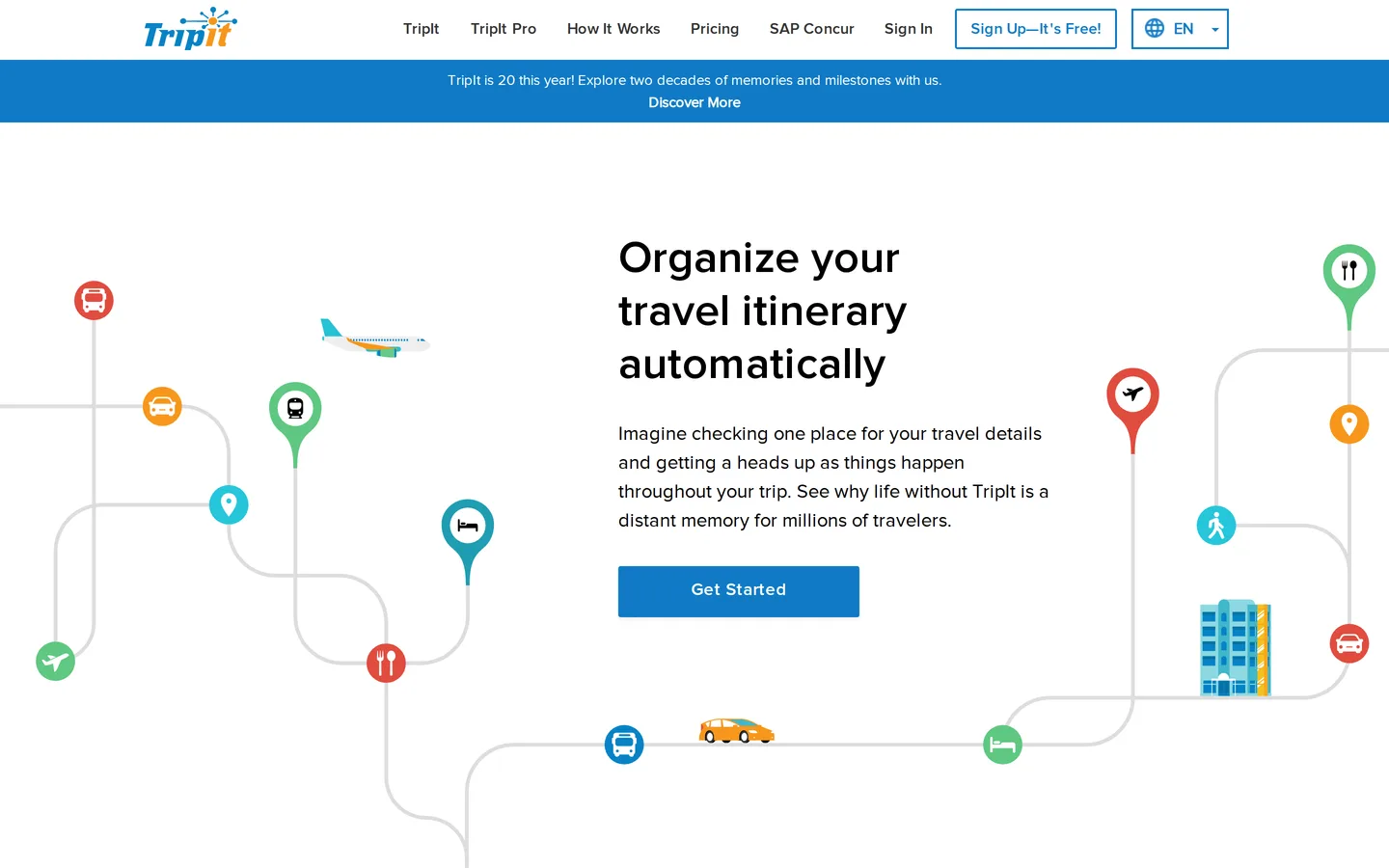 The TripIt landing page describing its automatic itinerary builder