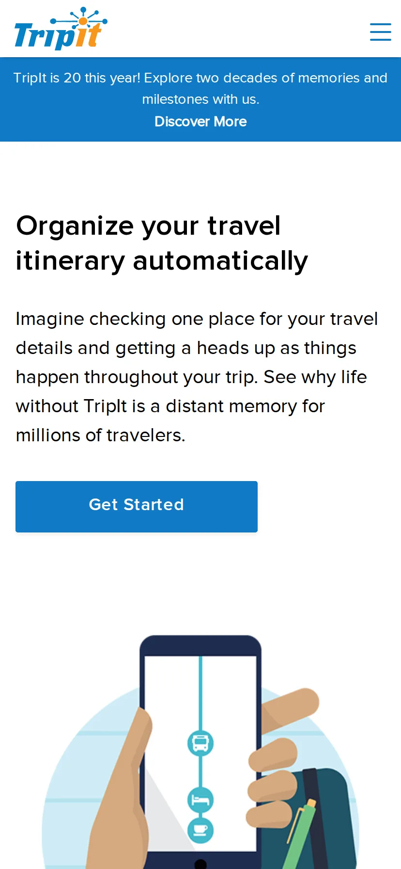 TripIt's landing page rendered on a 414px-wide mobile viewport