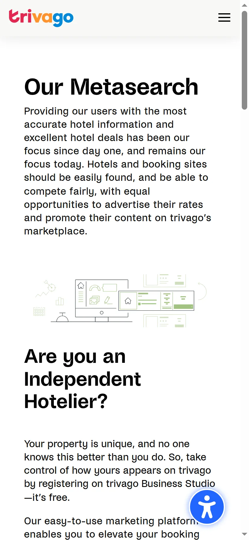 trivago's Get Listed page for hoteliers on company.trivago.com rendered on a 414px-wide mobile viewport