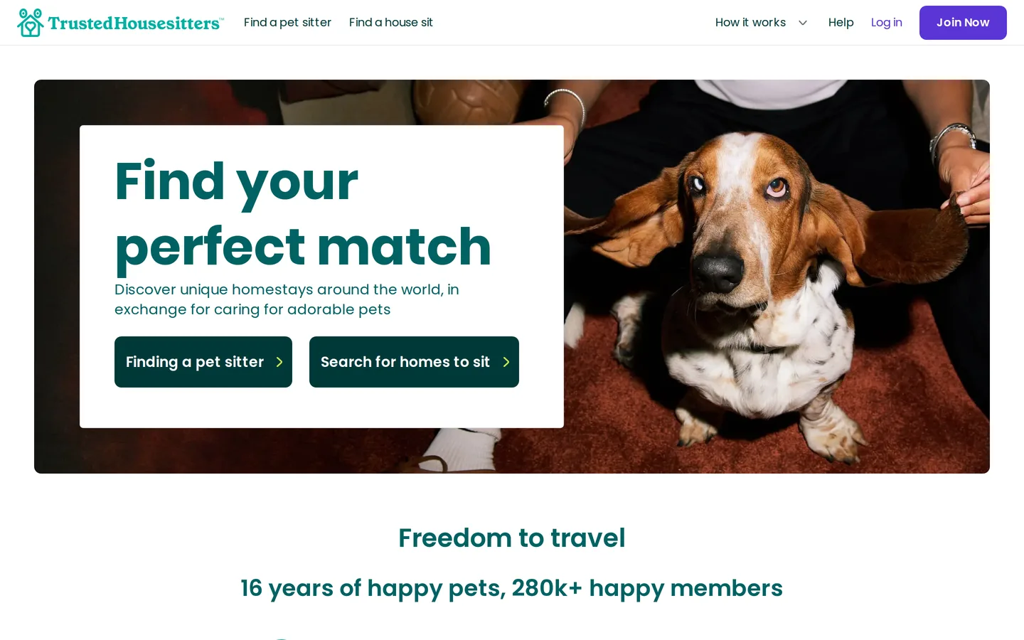 The TrustedHousesitters landing page showing its pet sitting and house sitting proposition