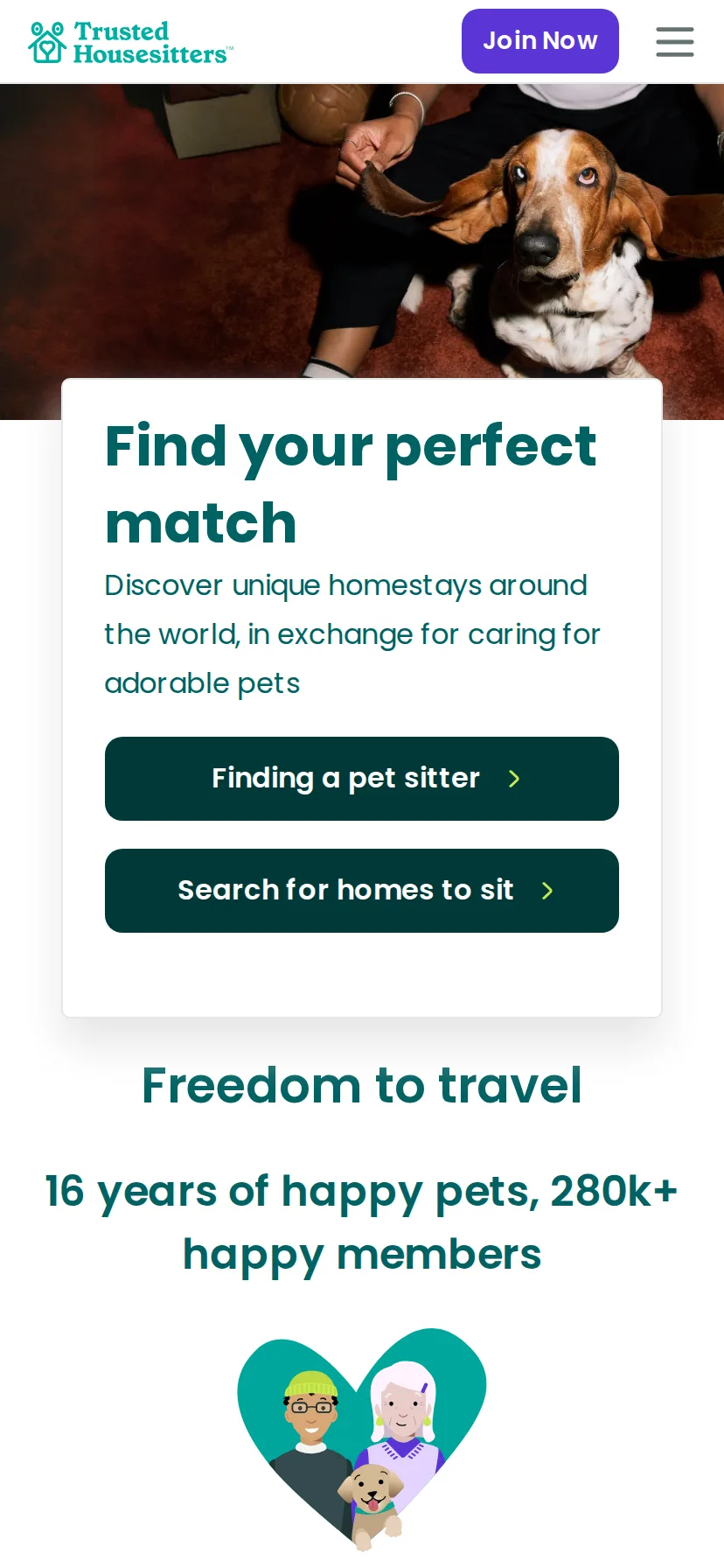TrustedHousesitters's landing page rendered on a 414px-wide mobile viewport