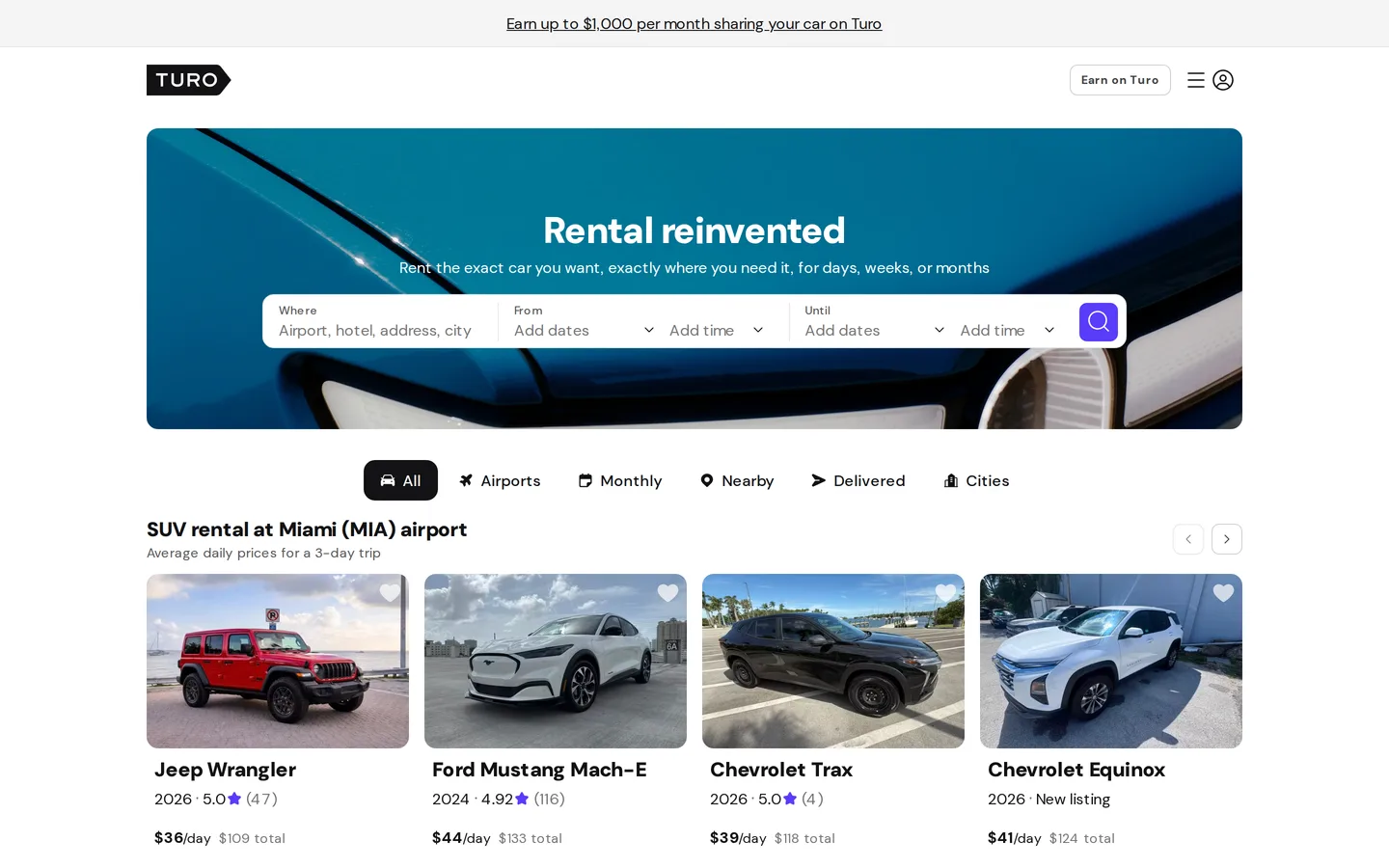 The Turo landing page showing cars available to rent near an airport