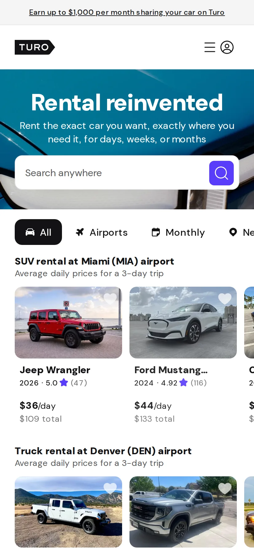 Turo's landing page rendered on a 414px-wide mobile viewport