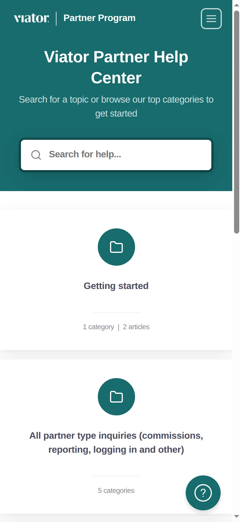 Viator's partner help centre at partnerhelp.viator.com rendered on a 414px-wide mobile viewport