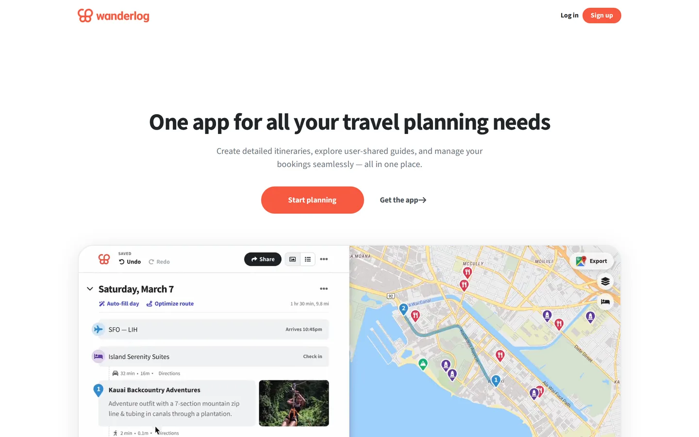 The Wanderlog landing page showing its trip planning interface