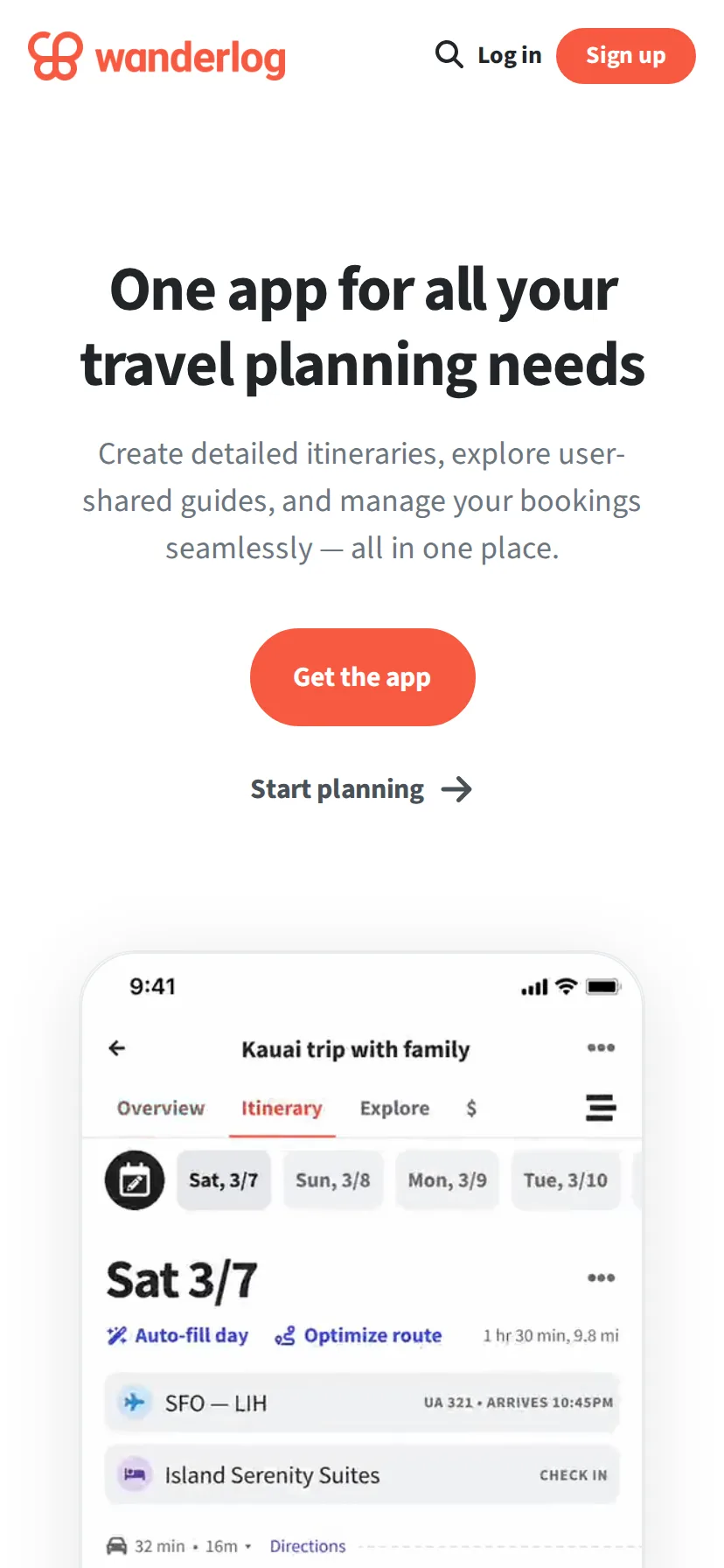 Wanderlog's landing page rendered on a 414px-wide mobile viewport