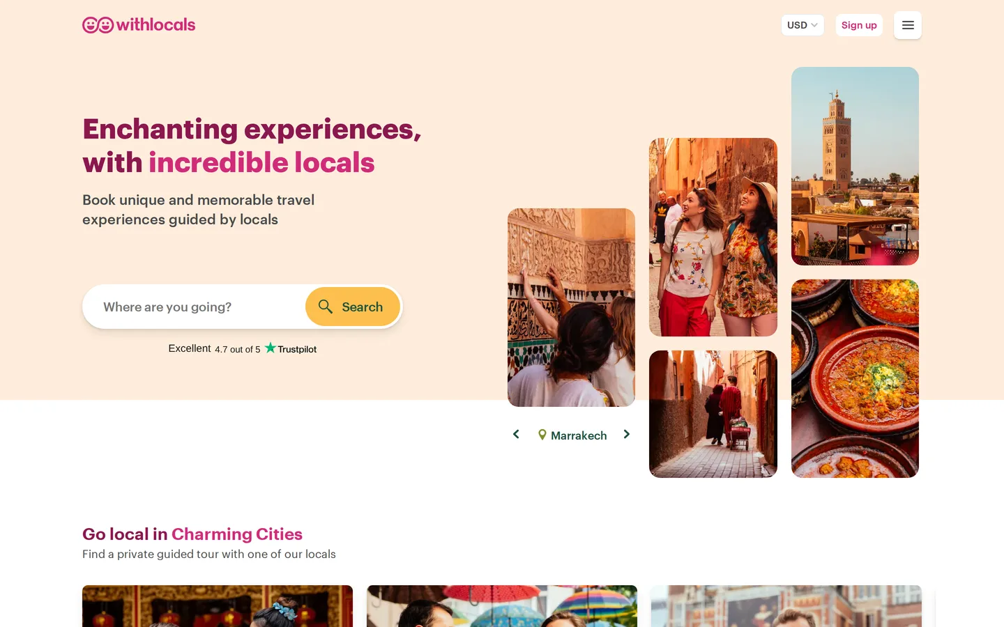 The Withlocals landing page showing private tours led by local hosts