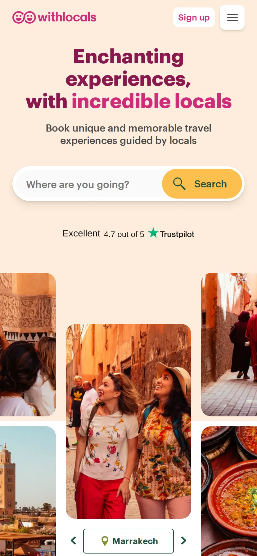 Withlocals's landing page rendered on a 414px-wide mobile viewport