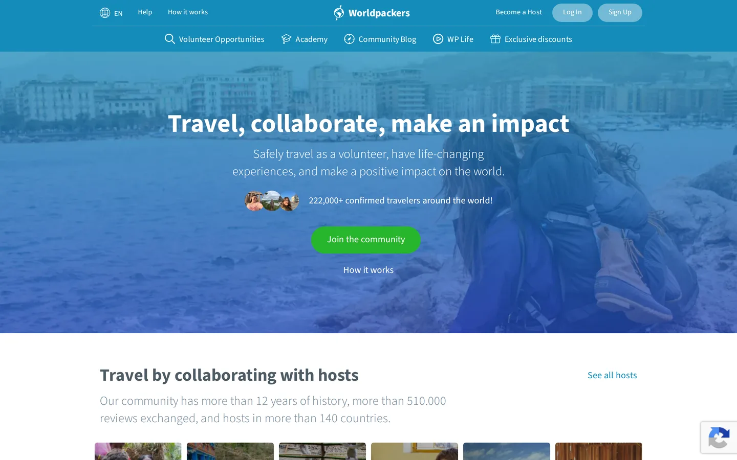 The Worldpackers landing page describing work exchange placements