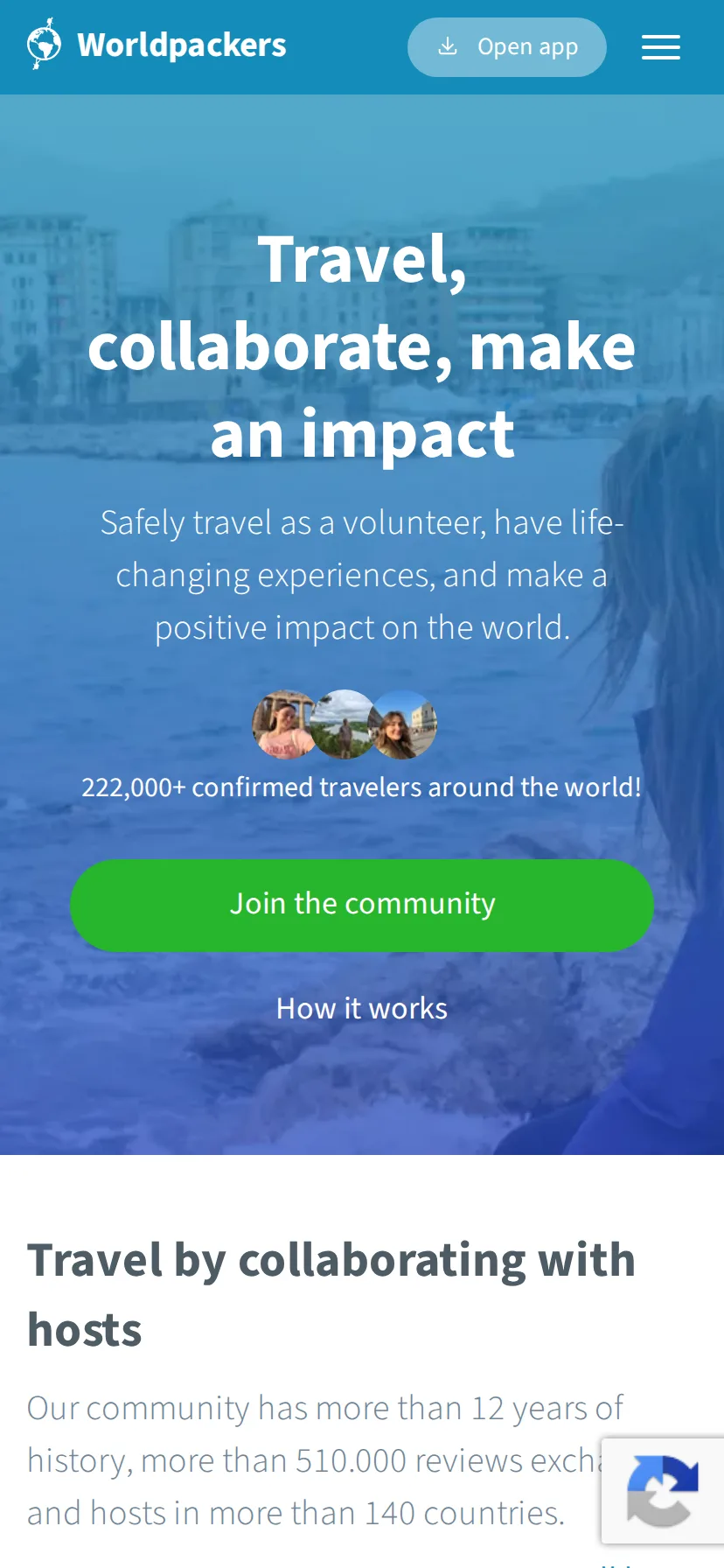 Worldpackers's landing page rendered on a 414px-wide mobile viewport