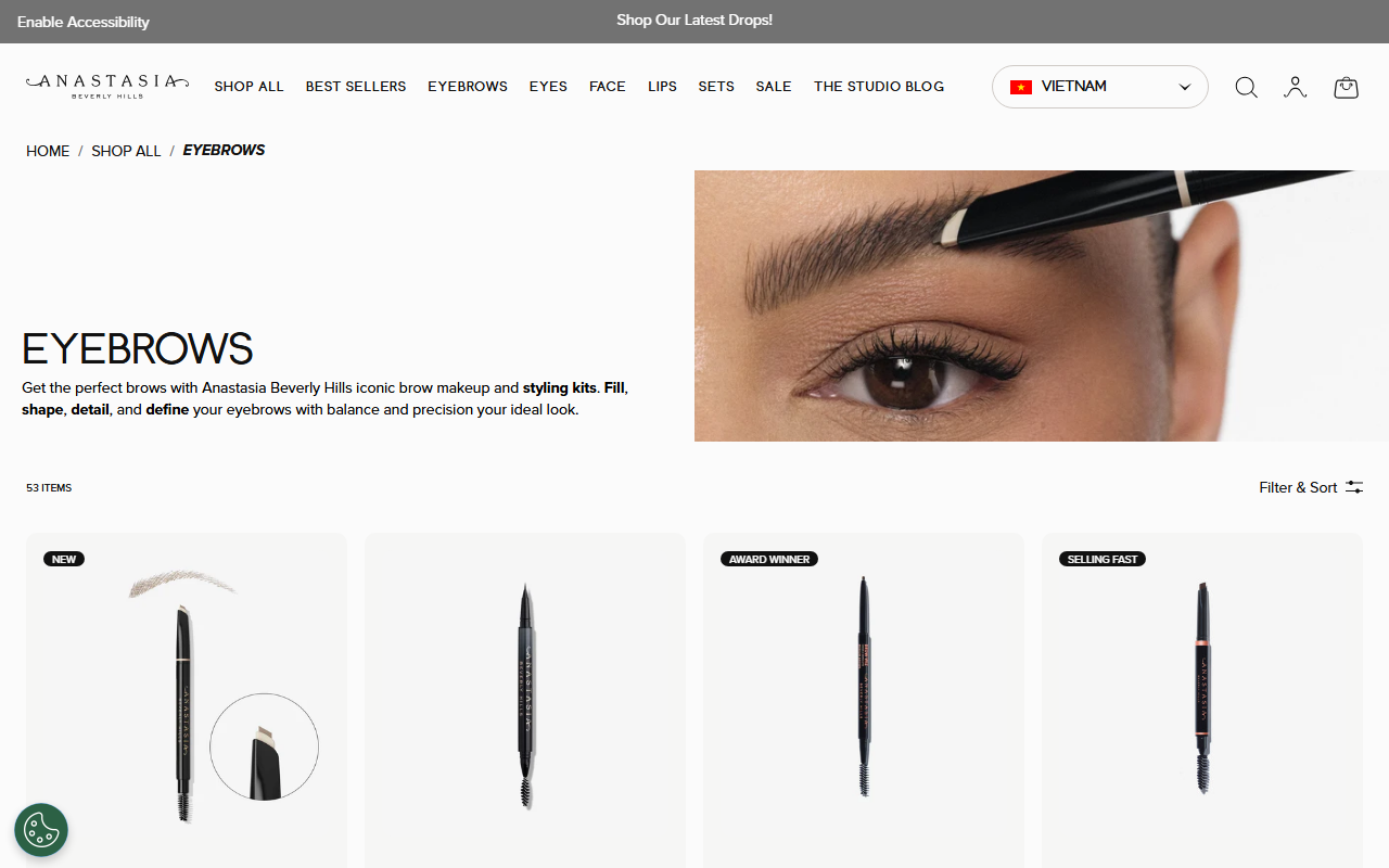 Anastasia Beverly Hills' brow range, showing Brow Wiz, Definer and Dipbrow